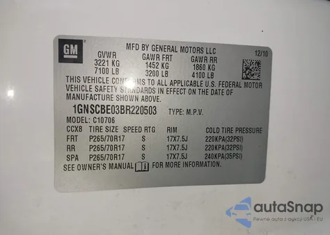 2011 Chevrolet Tahoe Lt z USA, uszkodzony, nr VIN 1GNSCBE03BR220503